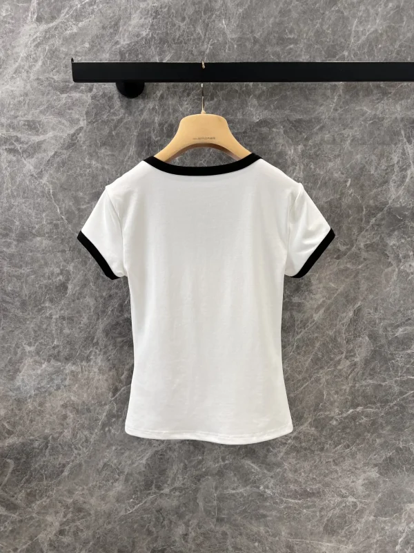 25 Spring/summer new embroidered round neck short-sleeved T-shirt women's slim-fit blouse - Image 3