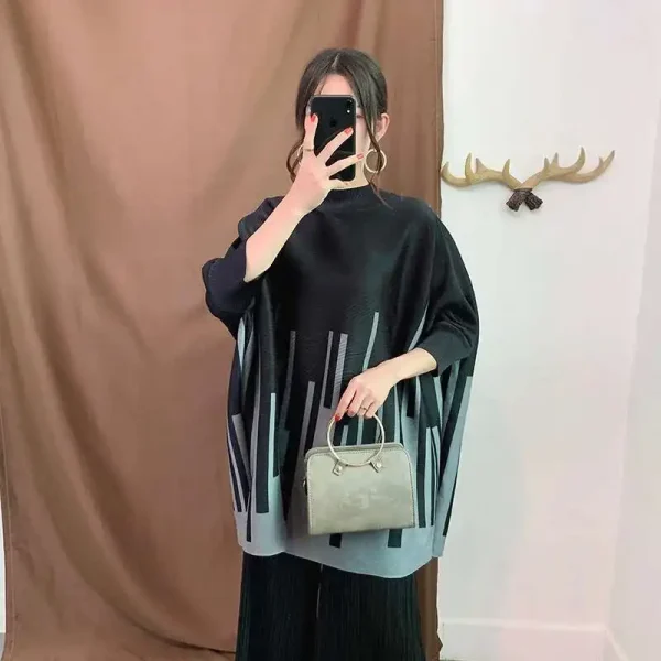 O-neck Black Color Block Striped Loose Top Female Fashion Long Sleeve Pleated T-shirt 2025 New Women Spring 2J515 - Image 3