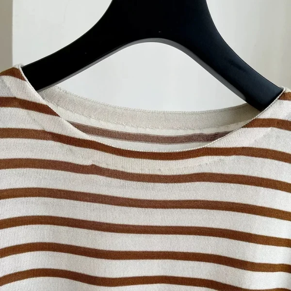 LUXURY Silk Striped T-shirt Women's Round Neck Loose Casual Niche Design Knitted Short Sleeved Top for Summer 2025 - Image 3