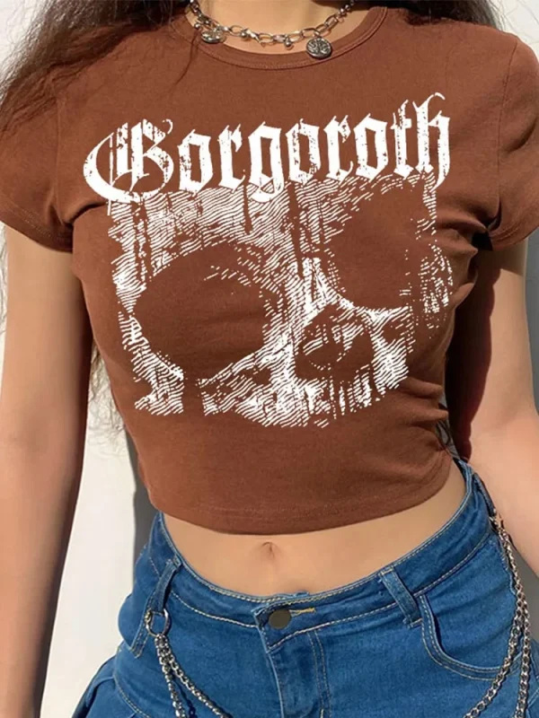 Vintage short sleeve T-shirt 90s Gothic Harajuku print pattern croptop skeleton Skull punk streetwear aesthetic female mujer top - Image 5
