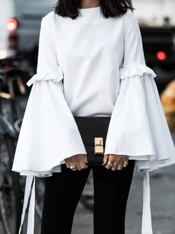 Bonboho Women's Spring New Solid Color T-shirt Round Neck Split-joint Flared Sleeves Loose Fit Shirt Top Casual Pullovers