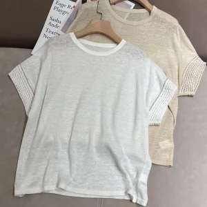 Spring Summer 2025 Women's Thin Linen Loose Short Sleeve T-shirt Sweater