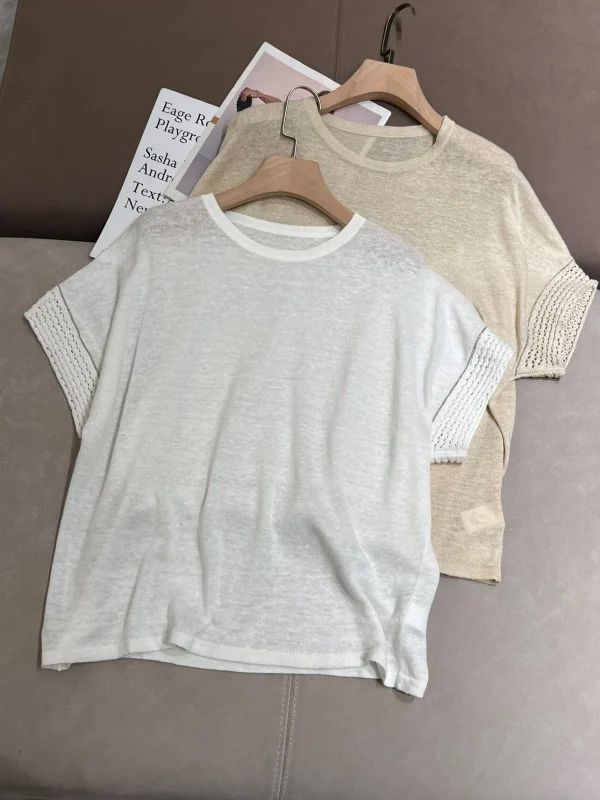 Spring Summer 2025 Women's Thin Linen Loose Short Sleeve T-shirt Sweater