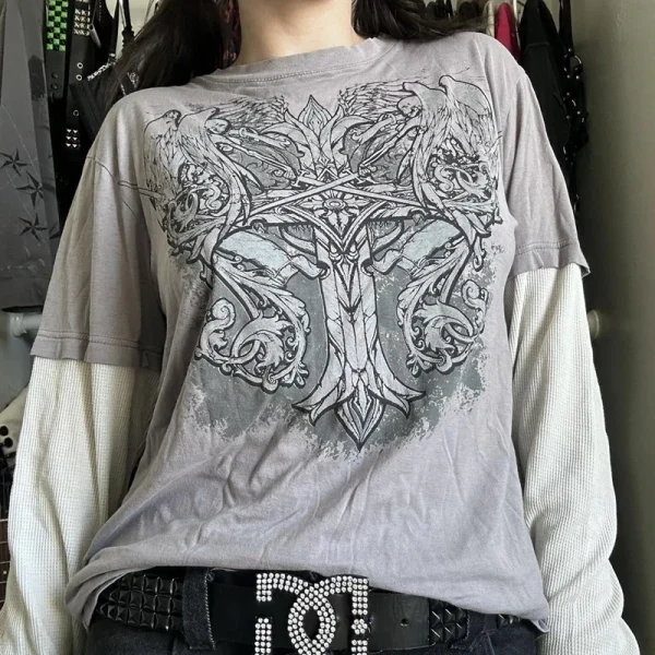 2000s Retro Mall Goth Graphic Print Loose Tops Cyber Y2K Grunge Vintage Oversize T-shirt Fake 2 Pice Patchwork Long Sleeve Tees - Image 6