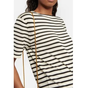 LUXURY Silk Striped T-shirt Women's Round Neck Loose Casual Niche Design Knitted Short Sleeved Top for Summer 2025