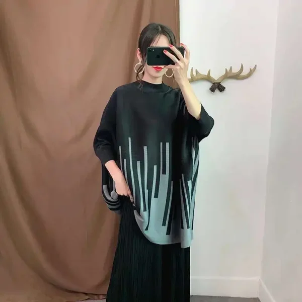 O-neck Black Color Block Striped Loose Top Female Fashion Long Sleeve Pleated T-shirt 2025 New Women Spring 2J515 - Image 2