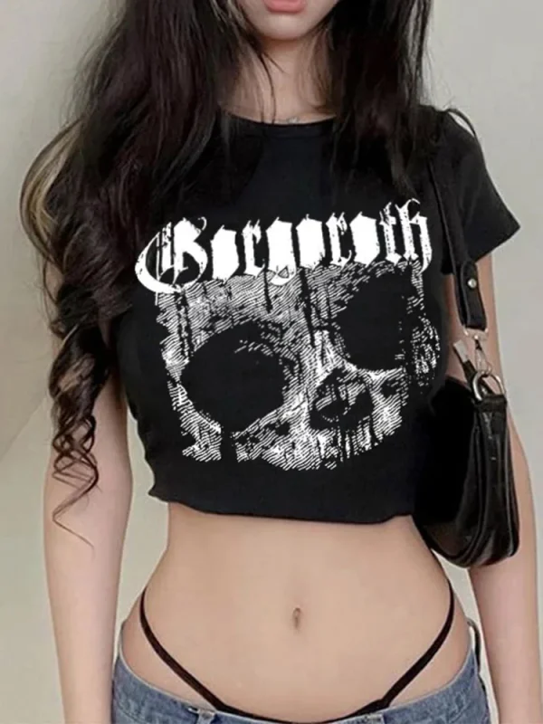 Vintage short sleeve T-shirt 90s Gothic Harajuku print pattern croptop skeleton Skull punk streetwear aesthetic female mujer top - Image 4