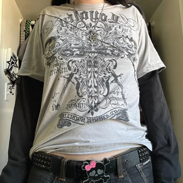 2000s Retro Mall Goth Graphic Print Loose Tops Cyber Y2K Grunge Vintage Oversize T-shirt Fake 2 Pice Patchwork Long Sleeve Tees - Image 2