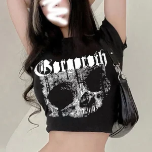 Vintage short sleeve T-shirt 90s Gothic Harajuku print pattern croptop skeleton Skull punk streetwear aesthetic female mujer top