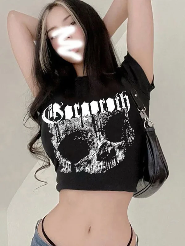 Vintage short sleeve T-shirt 90s Gothic Harajuku print pattern croptop skeleton Skull punk streetwear aesthetic female mujer top