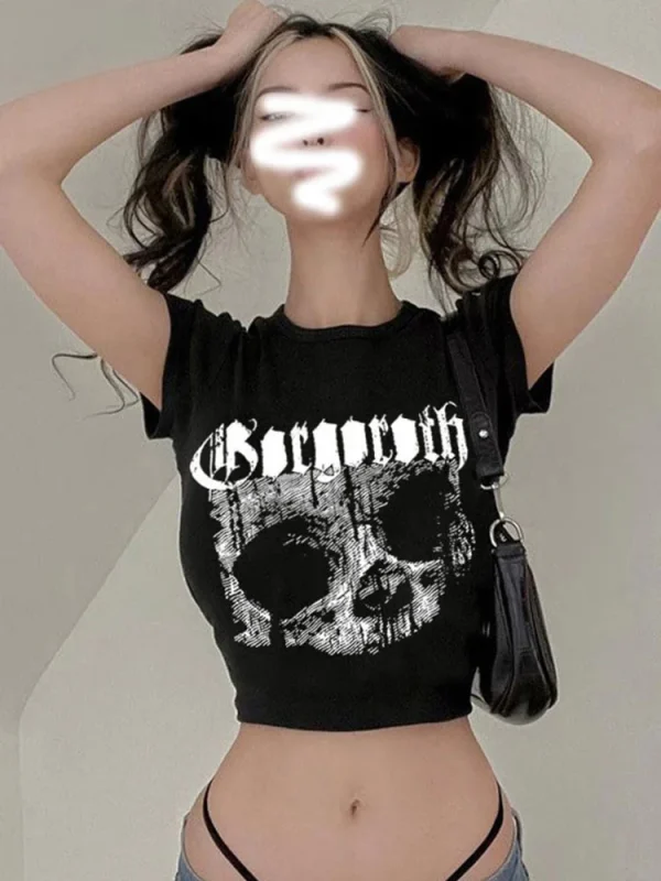 Vintage short sleeve T-shirt 90s Gothic Harajuku print pattern croptop skeleton Skull punk streetwear aesthetic female mujer top - Image 2