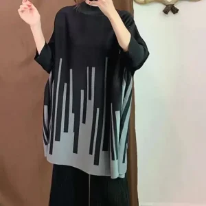 O-neck Black Color Block Striped Loose Top Female Fashion Long Sleeve Pleated T-shirt 2025 New Women Spring 2J515