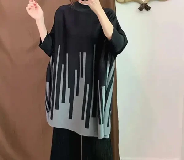 O-neck Black Color Block Striped Loose Top Female Fashion Long Sleeve Pleated T-shirt 2025 New Women Spring 2J515