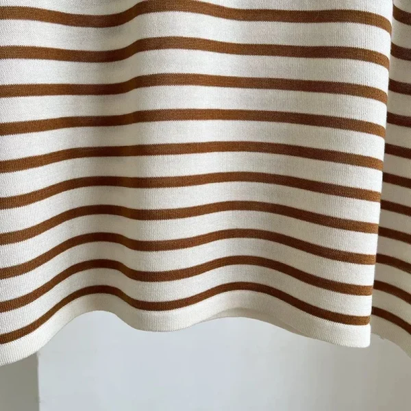 LUXURY Silk Striped T-shirt Women's Round Neck Loose Casual Niche Design Knitted Short Sleeved Top for Summer 2025 - Image 5