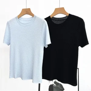 25 Summer Women's Round Neck Solid Color Mulberry Silk Thin Knitted Short sleeved T-shirt Top
