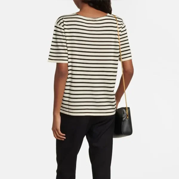 LUXURY Silk Striped T-shirt Women's Round Neck Loose Casual Niche Design Knitted Short Sleeved Top for Summer 2025 - Image 2