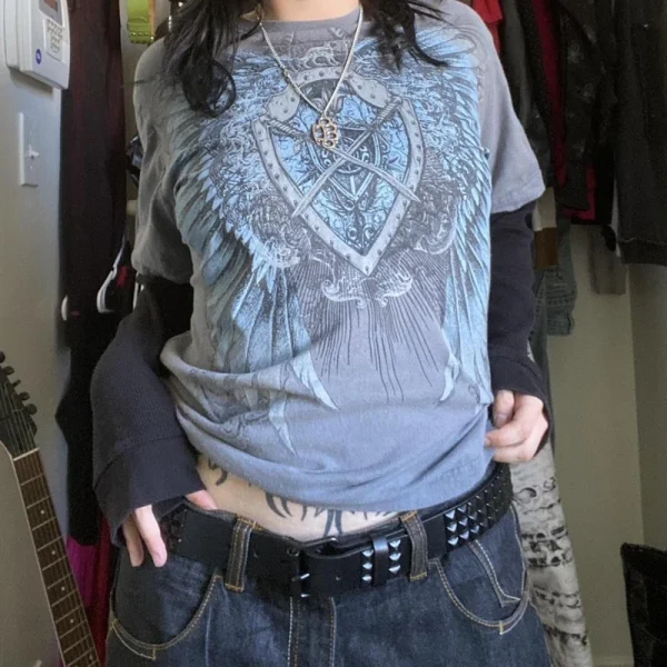 2000s Retro Mall Goth Graphic Print Loose Tops Cyber Y2K Grunge Vintage Oversize T-shirt Fake 2 Pice Patchwork Long Sleeve Tees - Image 4