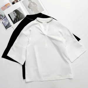 Round Neck Split Three-Quarter Sleeve T-Shirt 2025 Spring Bead Necklace Fashion Design Drop Shoulder Short Sleeves Female