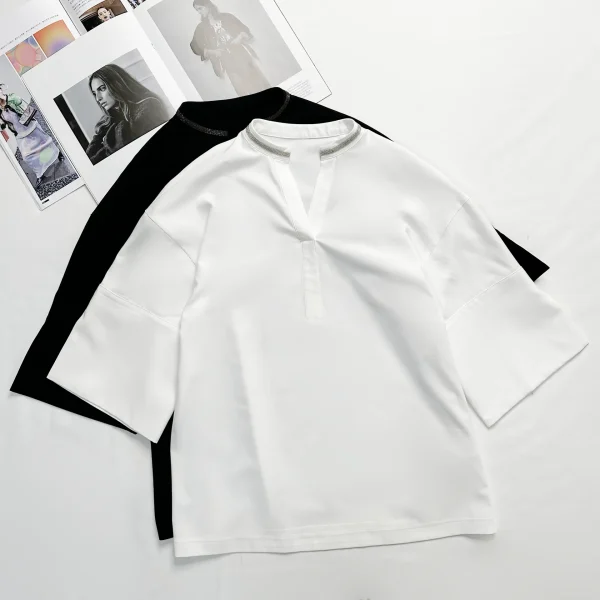 Round Neck Split Three-Quarter Sleeve T-Shirt 2025 Spring Bead Necklace Fashion Design Drop Shoulder Short Sleeves Female
