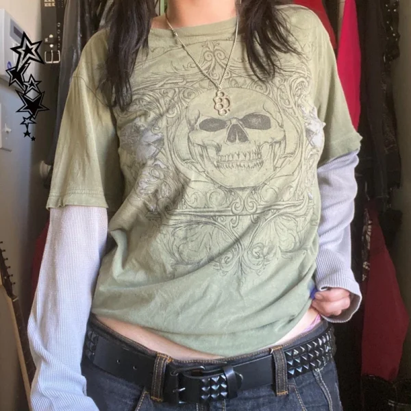 2000s Retro Mall Goth Graphic Print Loose Tops Cyber Y2K Grunge Vintage Oversize T-shirt Fake 2 Pice Patchwork Long Sleeve Tees - Image 3
